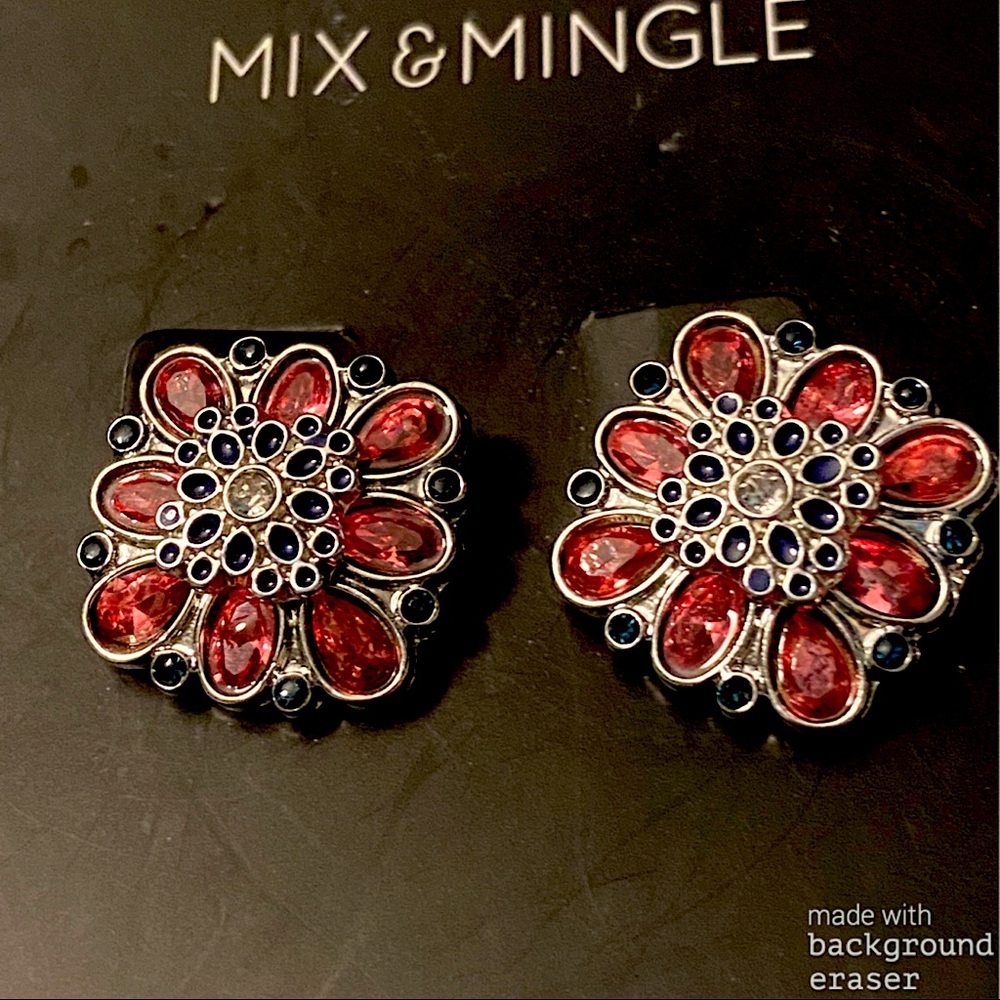 Pink and black crystal flower stud earrings